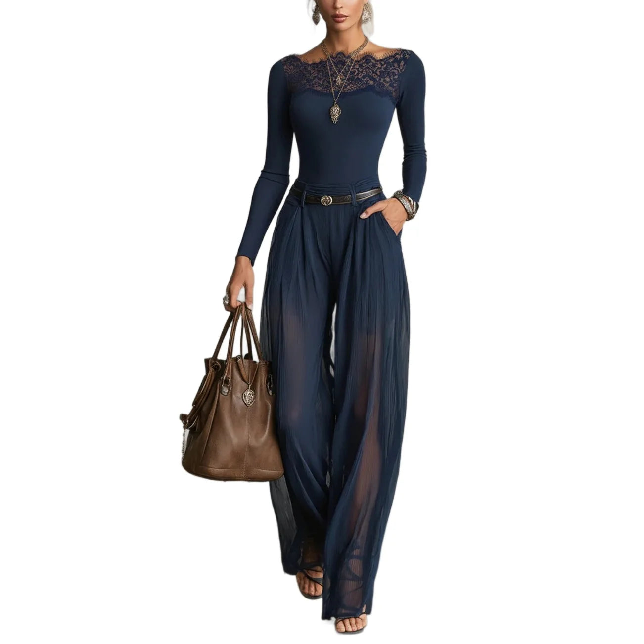 Ensemble Top Dentelle & Pantalon Large Marine