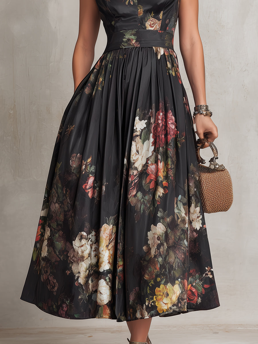 Robe Midi Plissée en Soie Noire avec Imprimé Floral et Col Haut à Découpe en Goutte pour Femmes