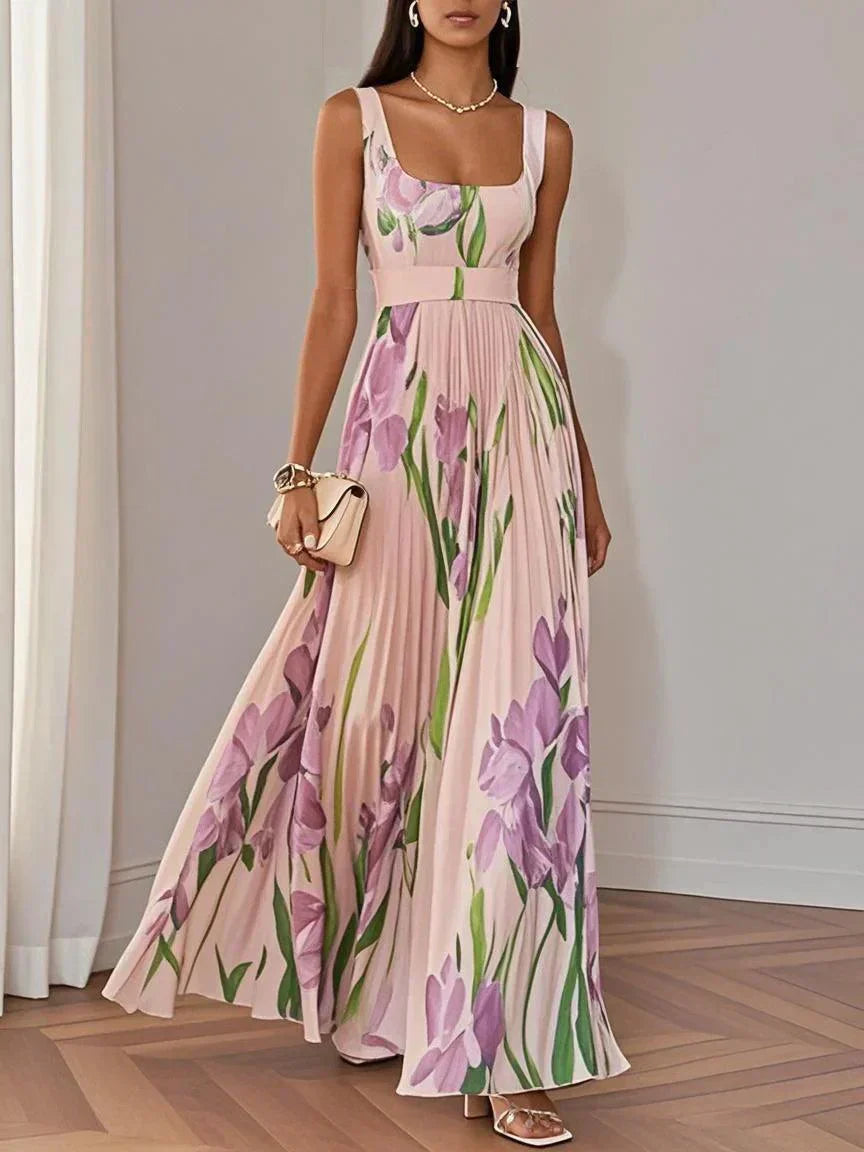 Robe Maxi A-Line Sans Manches avec Col Carré en Chiffon Floral Plissé Blanc