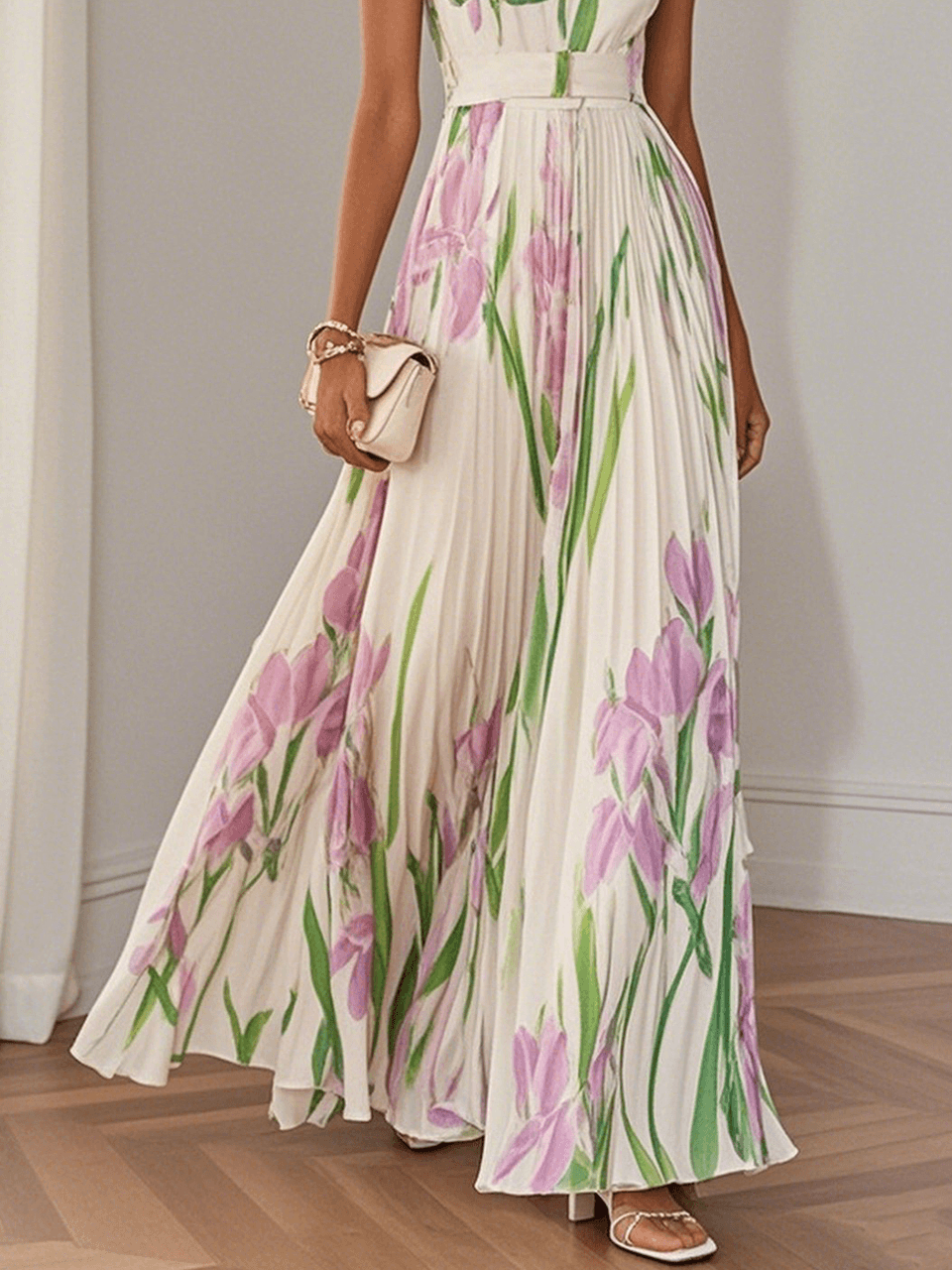 Robe Maxi A-Line Sans Manches avec Col Carré en Chiffon Floral Plissé Blanc
