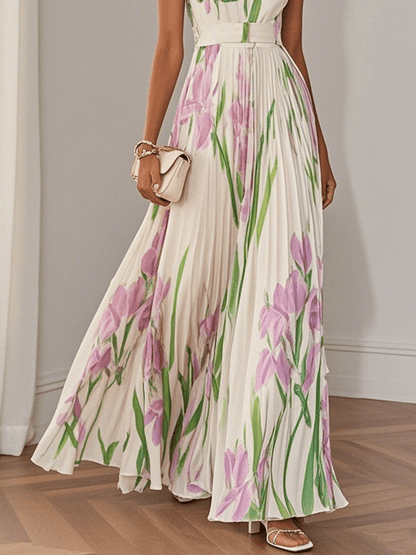 Robe Maxi A-Line Sans Manches avec Col Carré en Chiffon Floral Plissé Blanc