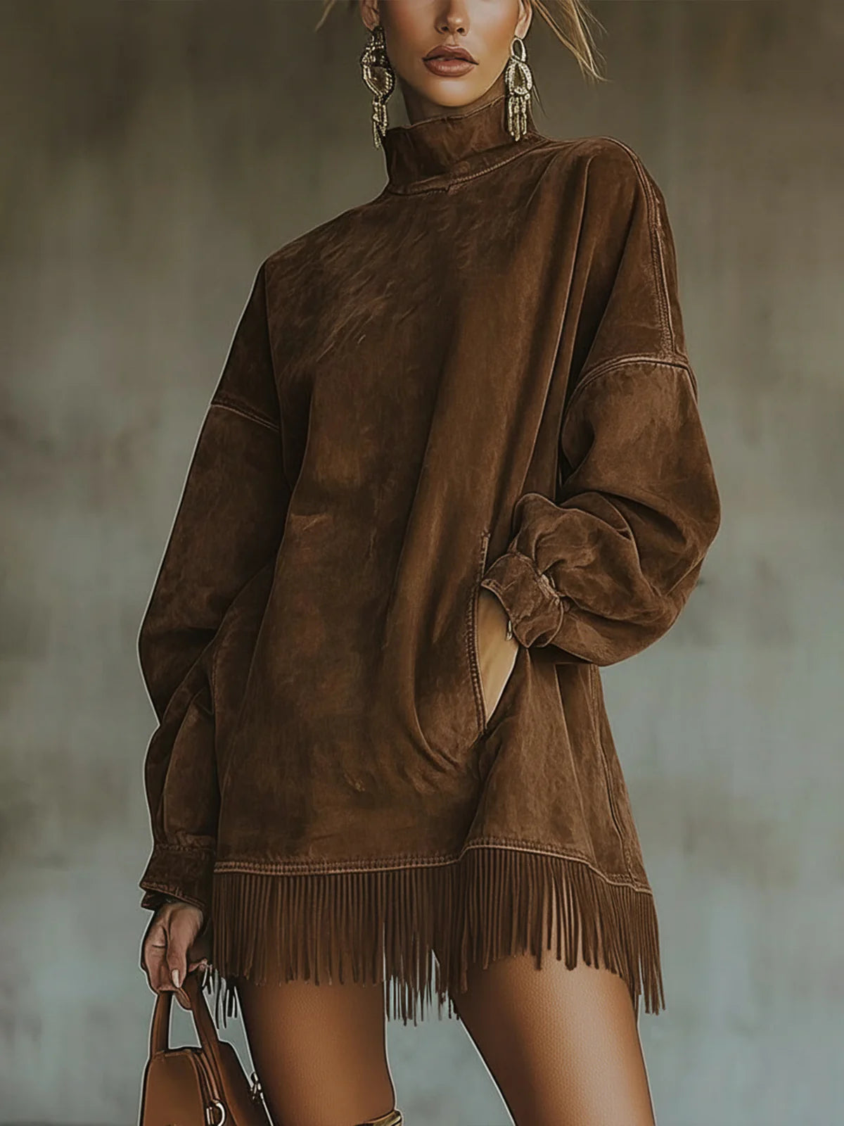 Gabriela | Robe en daim avec col montant et franges