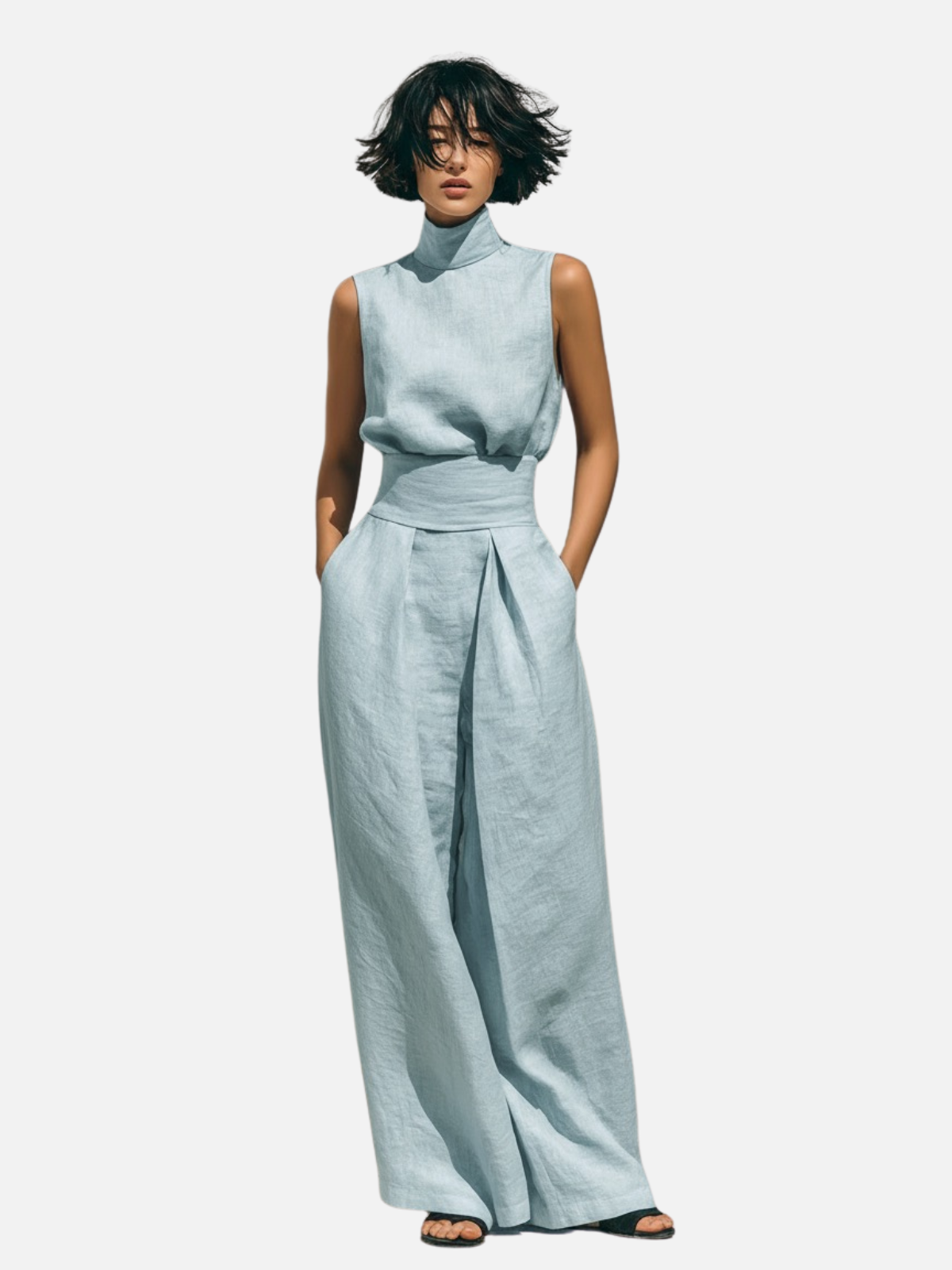 ROMA | ENSEMBLE COTON LIN PANTALON LARGE SANS MANCHES