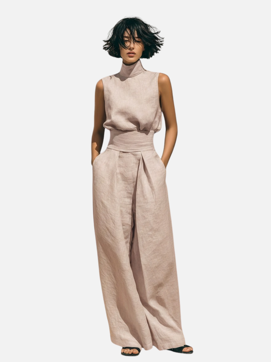 ROMA | ENSEMBLE COTON LIN PANTALON LARGE SANS MANCHES