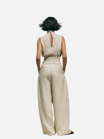 ROMA | ENSEMBLE COTON LIN PANTALON LARGE SANS MANCHES