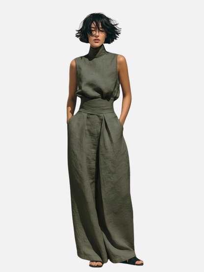 ROMA | ENSEMBLE COTON LIN PANTALON LARGE SANS MANCHES