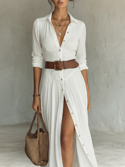 Robe Maxi Longue avec Col Revers et Manches Longues en Lin pour Femme