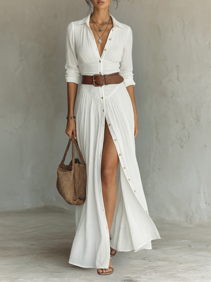 Robe Maxi Longue avec Col Revers et Manches Longues en Lin pour Femme