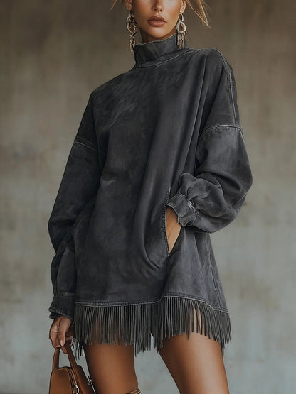 Gabriela | Robe en daim avec col montant et franges