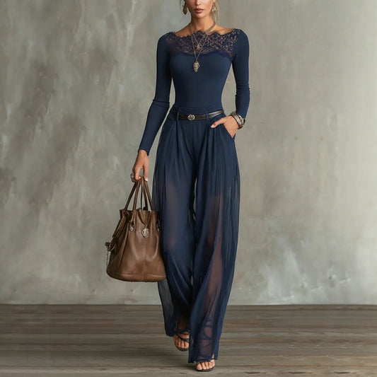 Ensemble Top Dentelle & Pantalon Large Marine