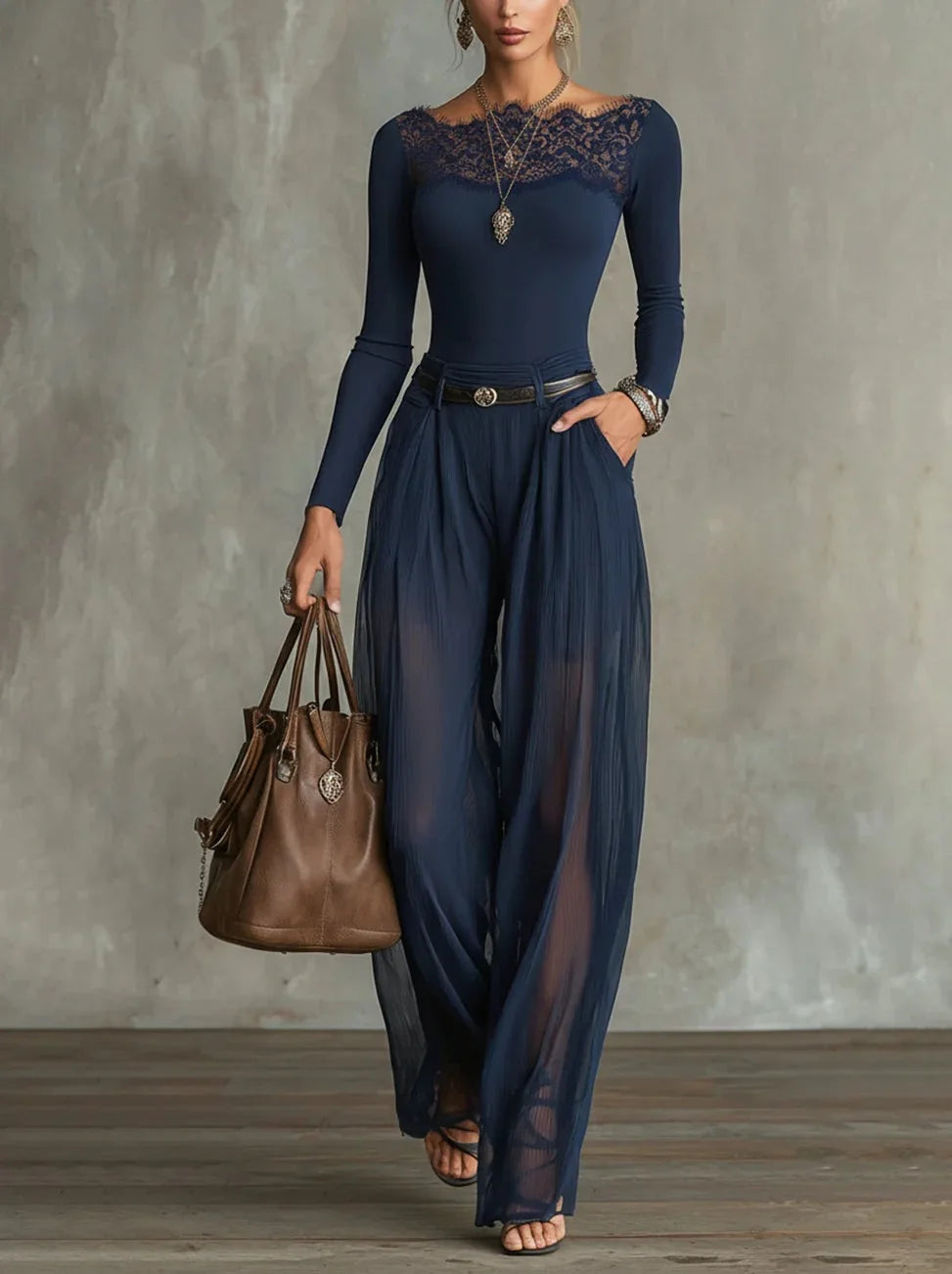 Ensemble Top Dentelle & Pantalon Large Marine