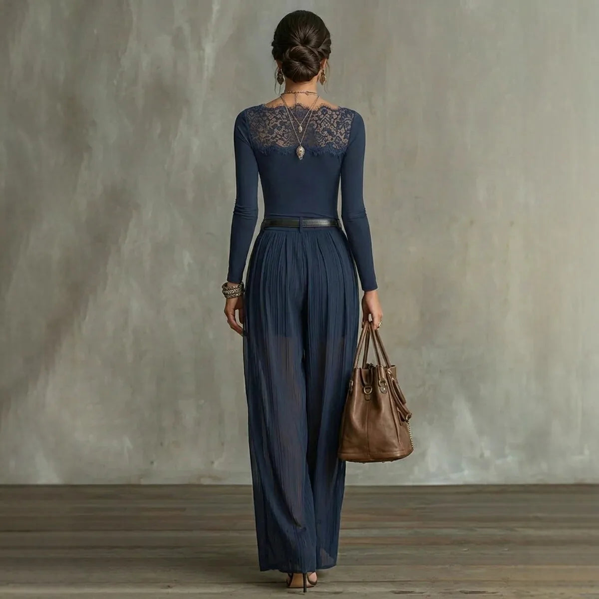 Ensemble Top Dentelle & Pantalon Large Marine