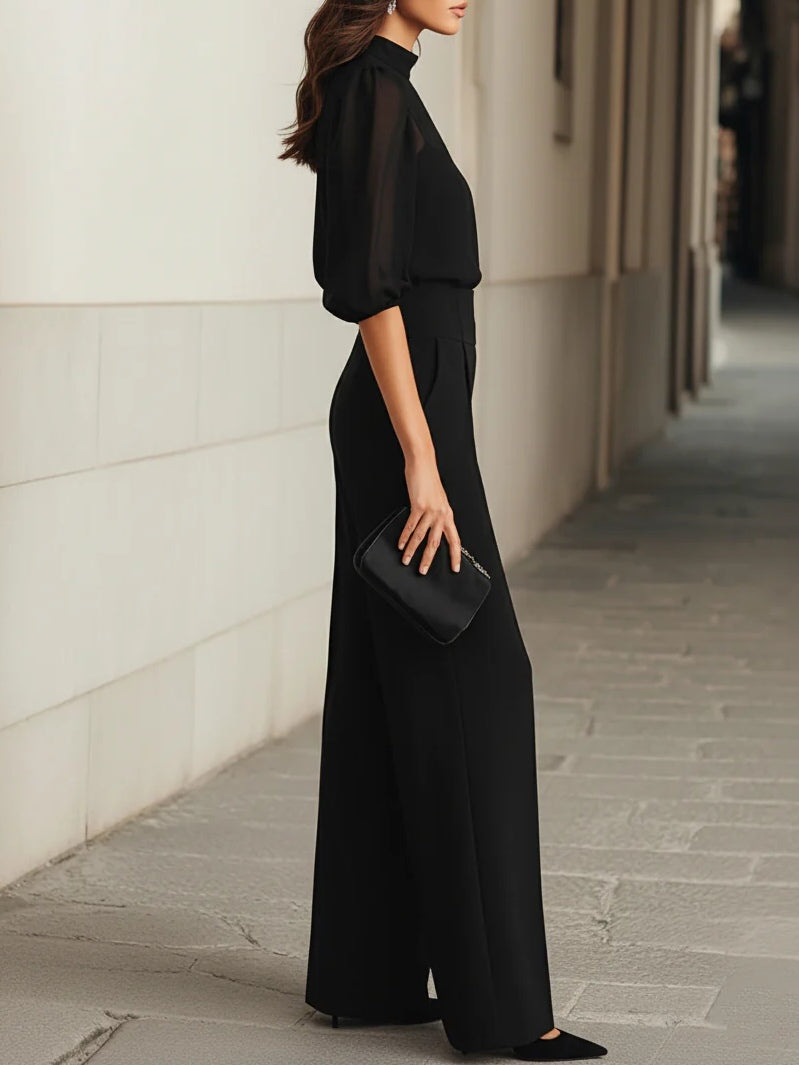 Valentina • Ensemble de trois pièces noir, composé d'un top camisole transparent et de pantalons à jambes larges