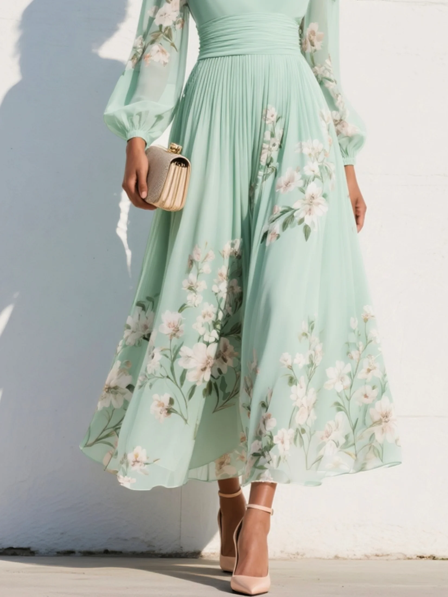 Robe Maxi Plissée en Chiffon Vert Menthe avec Imprimé Floral pour Femmes