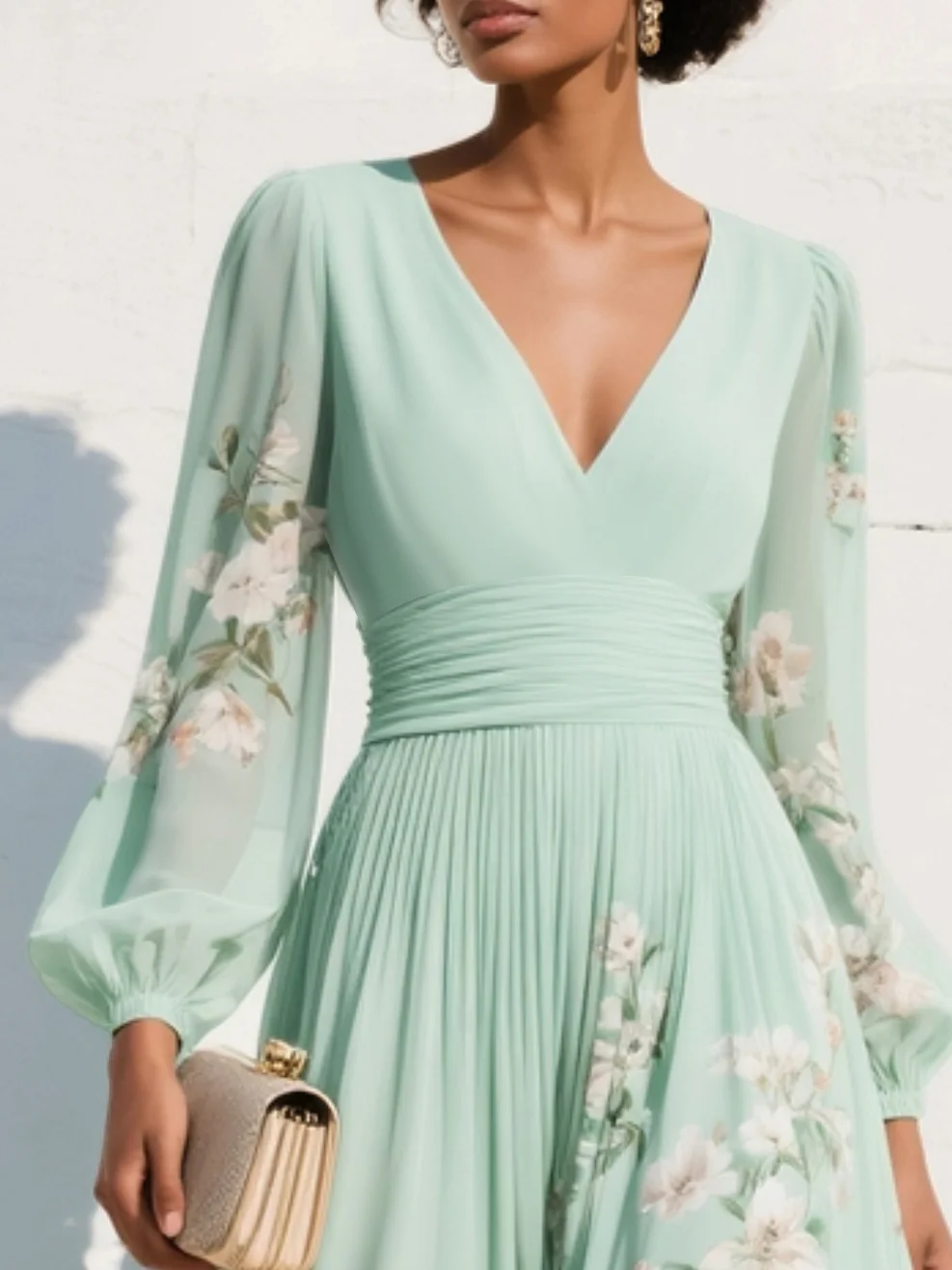 Robe Maxi Plissée en Chiffon Vert Menthe avec Imprimé Floral pour Femmes