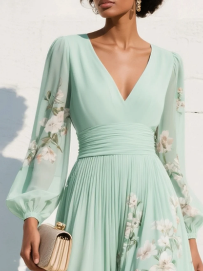 Robe Maxi Plissée en Chiffon Vert Menthe avec Imprimé Floral pour Femmes