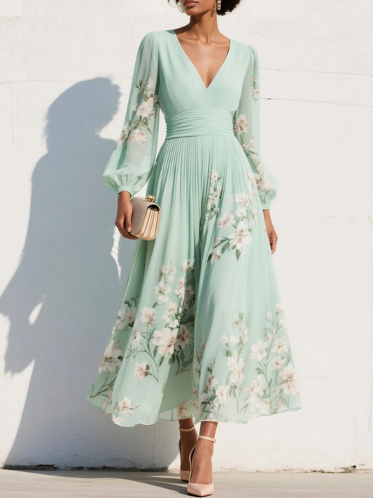 Robe Maxi Plissée en Chiffon Vert Menthe avec Imprimé Floral pour Femmes