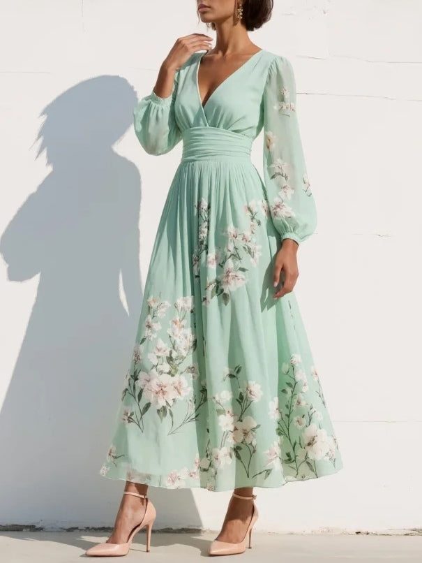 Robe Maxi Plissée en Chiffon Vert Menthe avec Imprimé Floral pour Femmes
