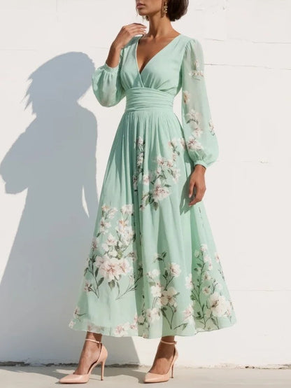 Robe Maxi Plissée en Chiffon Vert Menthe avec Imprimé Floral pour Femmes