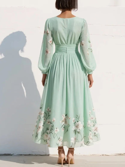 Robe Maxi Plissée en Chiffon Vert Menthe avec Imprimé Floral pour Femmes
