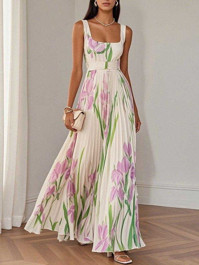 Robe Maxi A-Line Sans Manches avec Col Carré en Chiffon Floral Plissé Blanc
