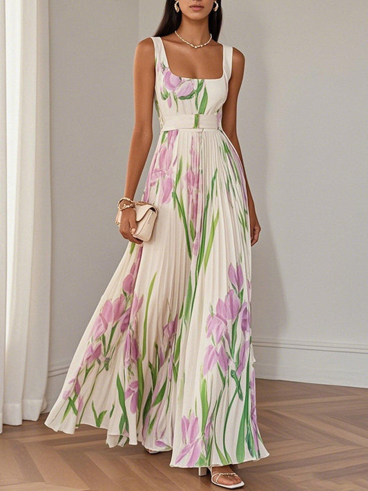 Robe Maxi A-Line Sans Manches avec Col Carré en Chiffon Floral Plissé Blanc