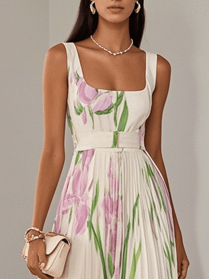 Robe Maxi A-Line Sans Manches avec Col Carré en Chiffon Floral Plissé Blanc