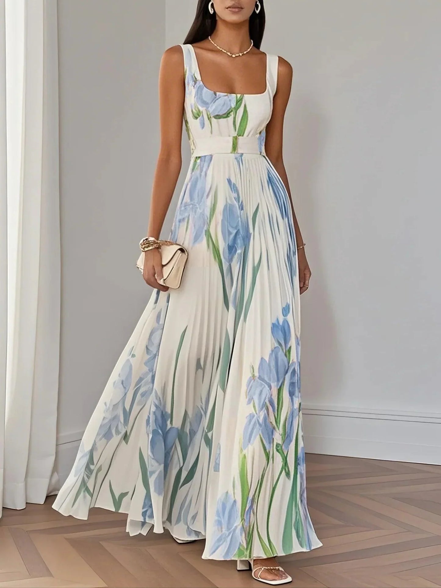 Robe Maxi A-Line Sans Manches avec Col Carré en Chiffon Floral Plissé Blanc