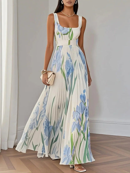 Robe Maxi A-Line Sans Manches avec Col Carré en Chiffon Floral Plissé Blanc