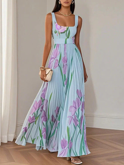 Robe Maxi A-Line Sans Manches avec Col Carré en Chiffon Floral Plissé Blanc