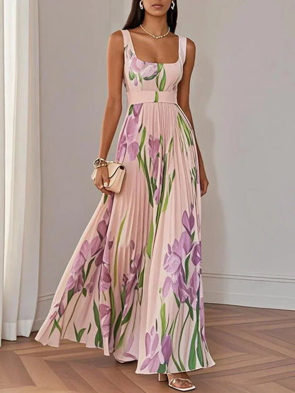 Robe Maxi A-Line Sans Manches avec Col Carré en Chiffon Floral Plissé Blanc