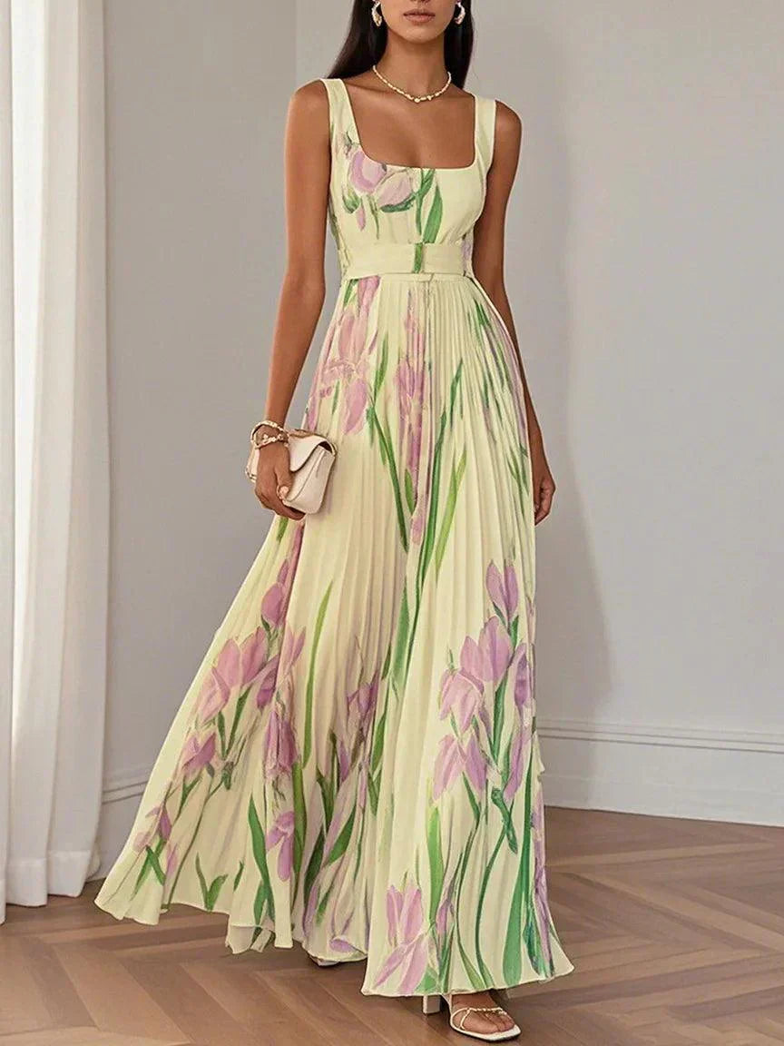 Robe Maxi A-Line Sans Manches avec Col Carré en Chiffon Floral Plissé Blanc