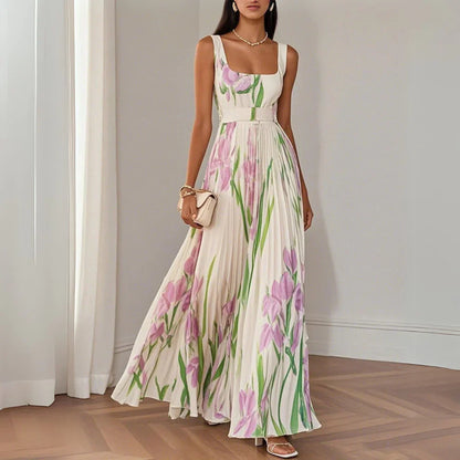 Robe Maxi A-Line Sans Manches avec Col Carré en Chiffon Floral Plissé Blanc