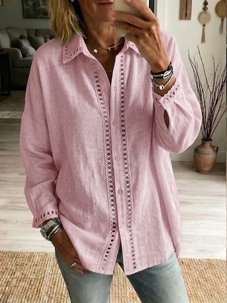Chemise en Lin-Coton à Découpes — Manches Longues, Coupe Décontractée
