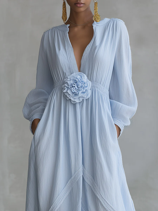 Robe Maxi Élégante en Coton et Lin Floral 3D