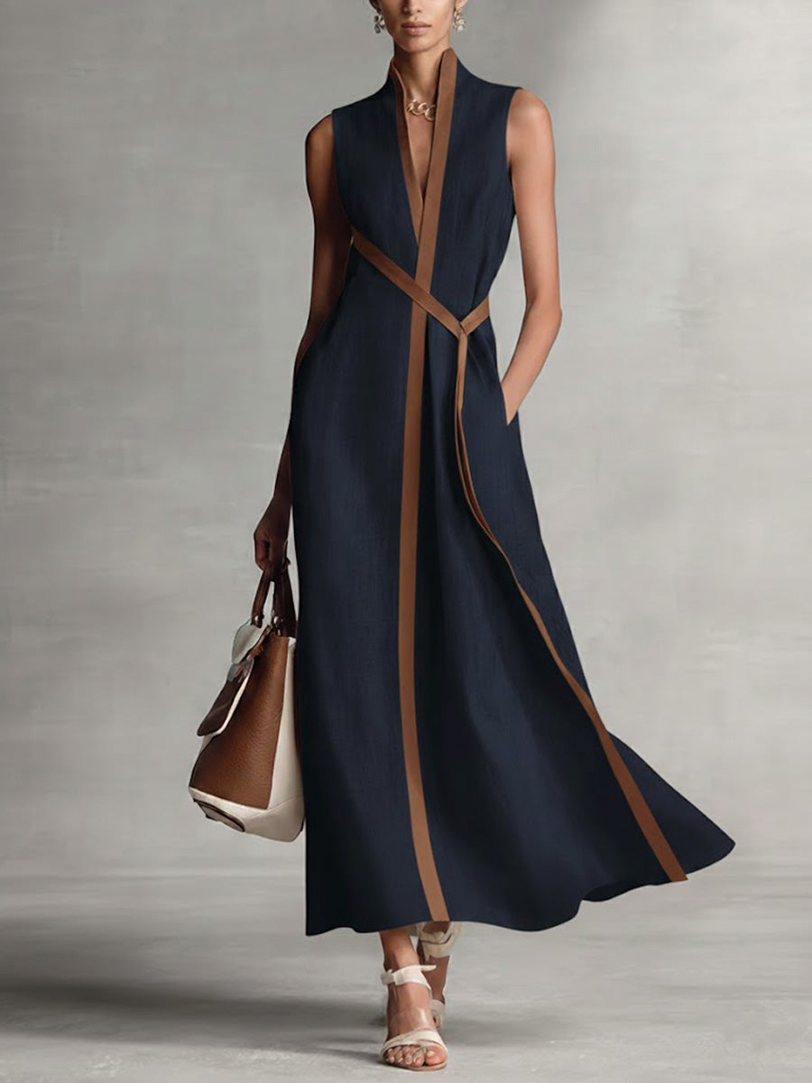Robe sans manches en coton et lin à col montant décontracté pour femmes