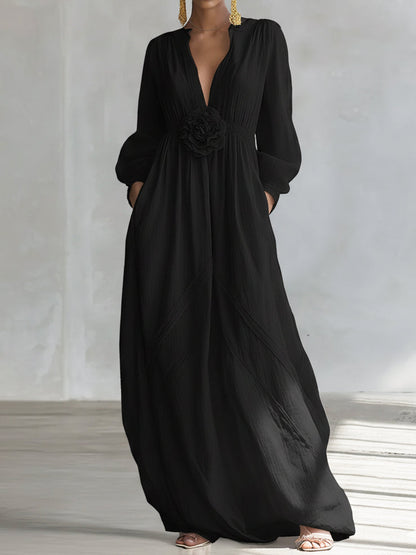 Robe Maxi Élégante en Coton et Lin Floral 3D